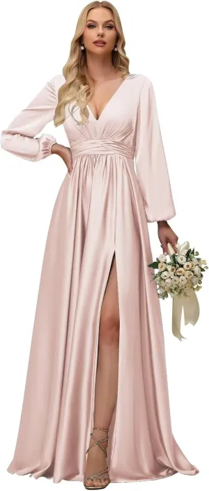 Fivsole Women's Satin Bridesmaid Dresses with Sleeves Long with Slit Long Sleeves Formal Dress Evening Gowns