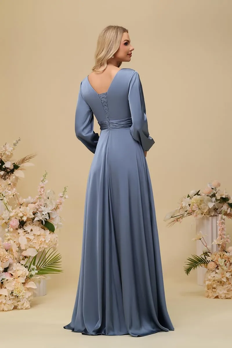 Fivsole Women's Satin Bridesmaid Dresses with Sleeves Long with Slit Long Sleeves Formal Dress Evening Gowns