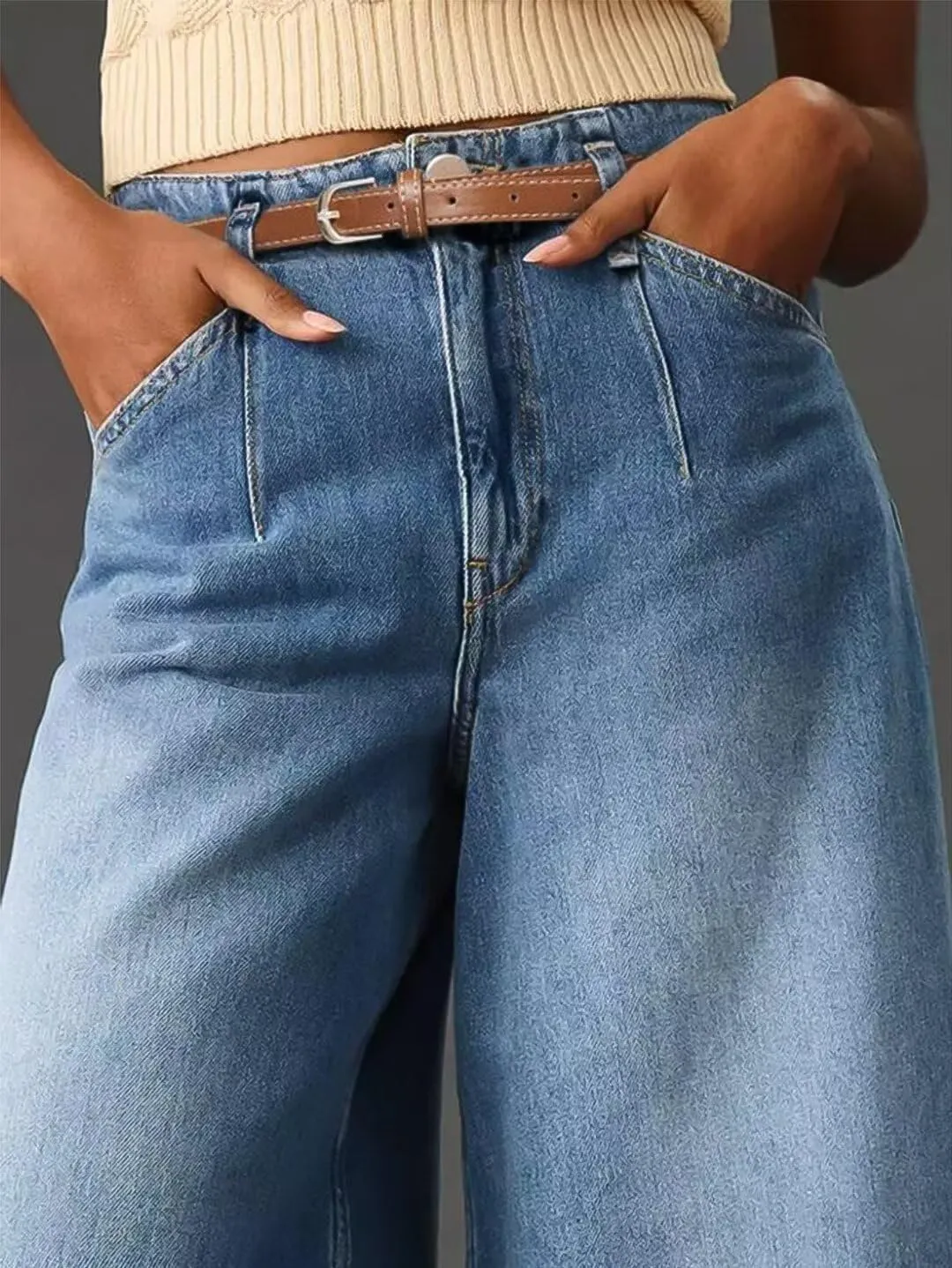 Flamingals Wide Leg Cropped High Rise Casual Buckle Denim Pants
