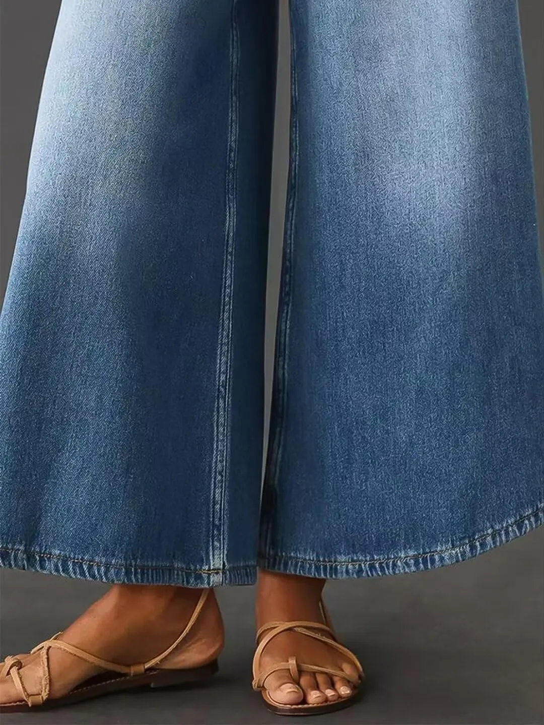 Flamingals Wide Leg Cropped High Rise Casual Buckle Denim Pants