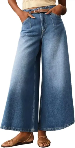 Flamingals Wide Leg Cropped High Rise Casual Buckle Denim Pants