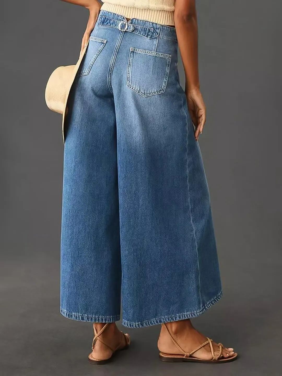 Flamingals Wide Leg Cropped High Rise Casual Buckle Denim Pants