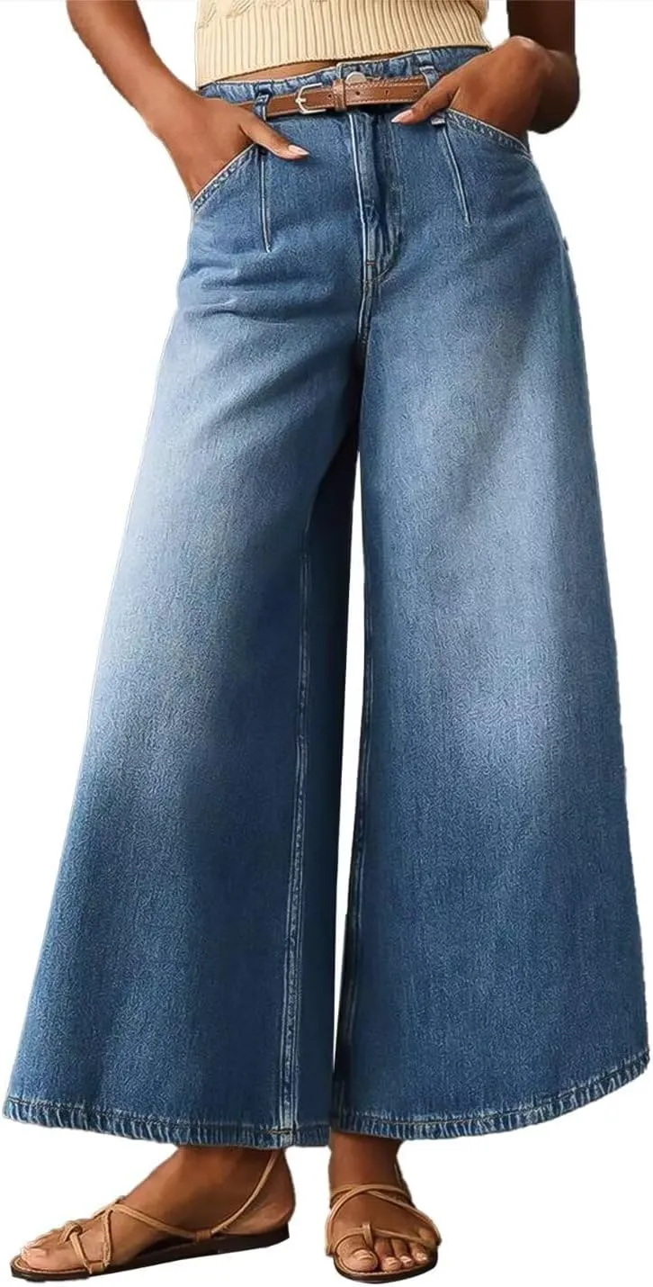 Flamingals Wide Leg Cropped High Rise Casual Buckle Denim Pants