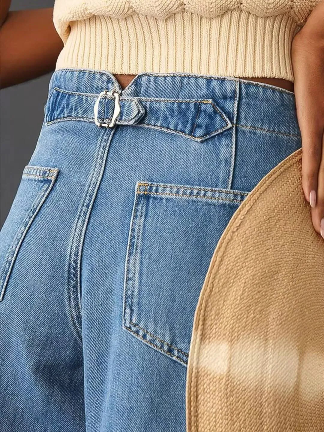 Flamingals Wide Leg Cropped High Rise Casual Buckle Denim Pants