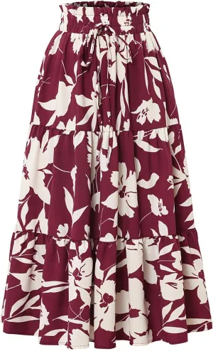 Floral Midi Skirts for Women Summer Flowy Tiered Skirt Drawstring Summer Knee Length A Line Skirts with Pockets