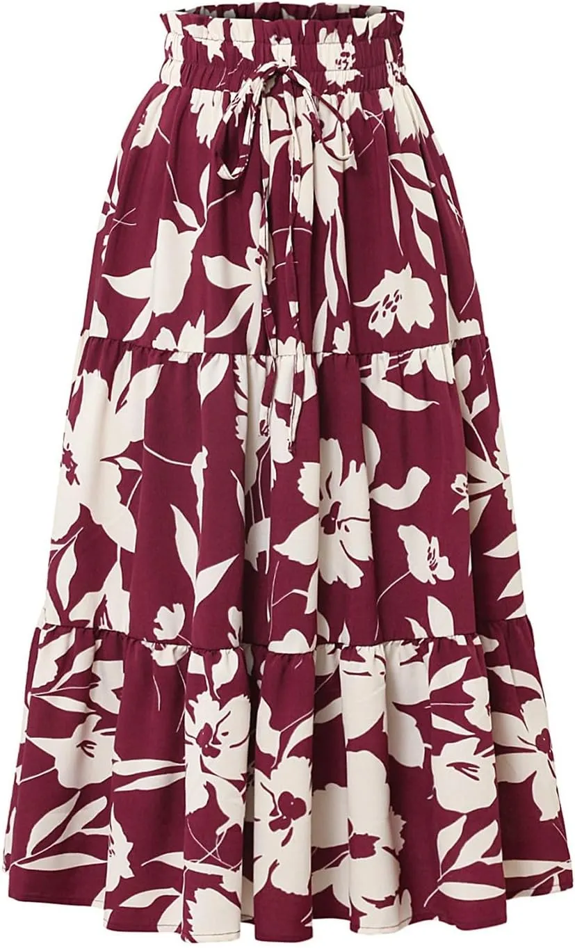 Floral Midi Skirts for Women Summer Flowy Tiered Skirt Drawstring Summer Knee Length A Line Skirts with Pockets