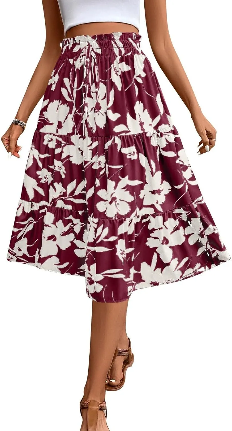 Floral Midi Skirts for Women Summer Flowy Tiered Skirt Drawstring Summer Knee Length A Line Skirts with Pockets