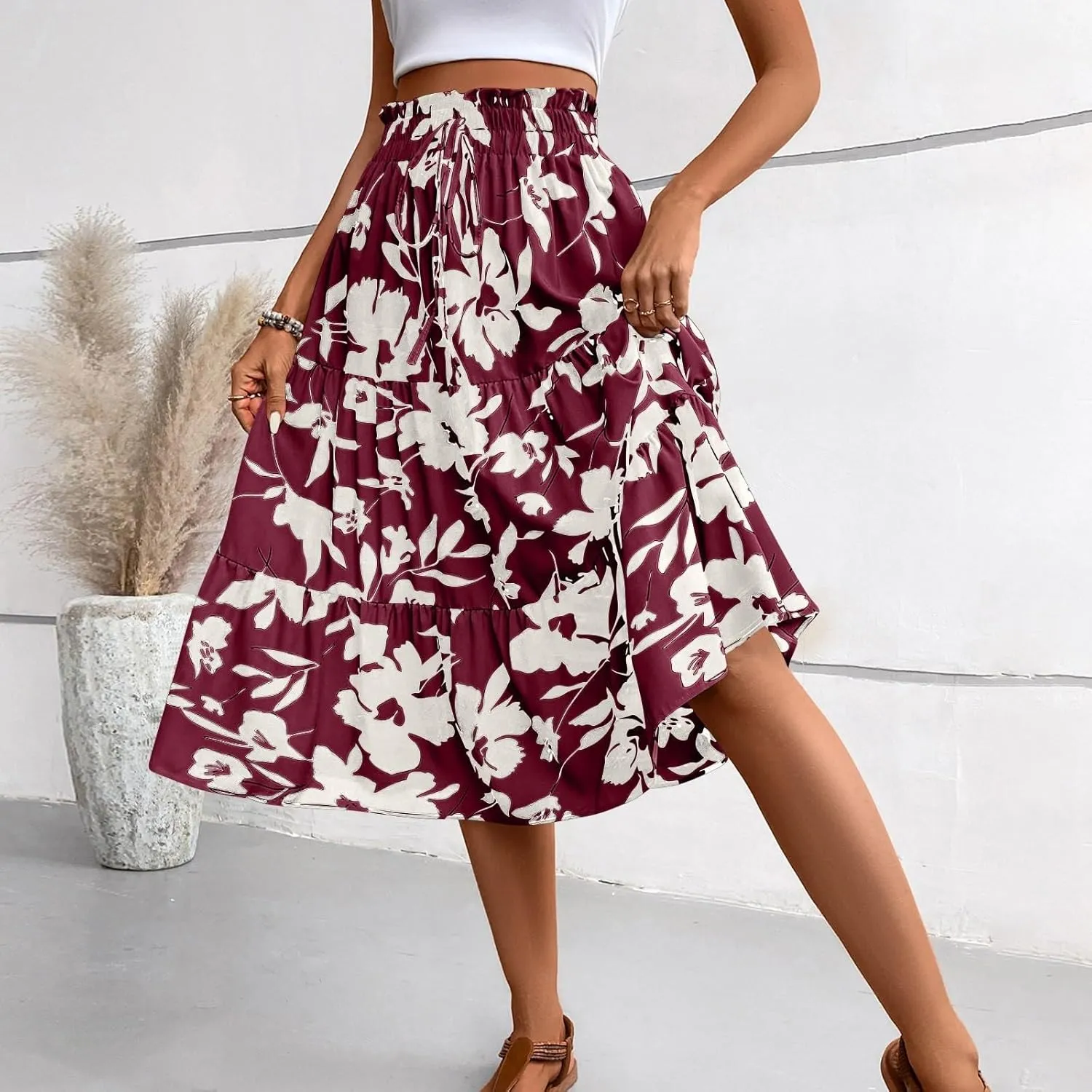 Floral Midi Skirts for Women Summer Flowy Tiered Skirt Drawstring Summer Knee Length A Line Skirts with Pockets