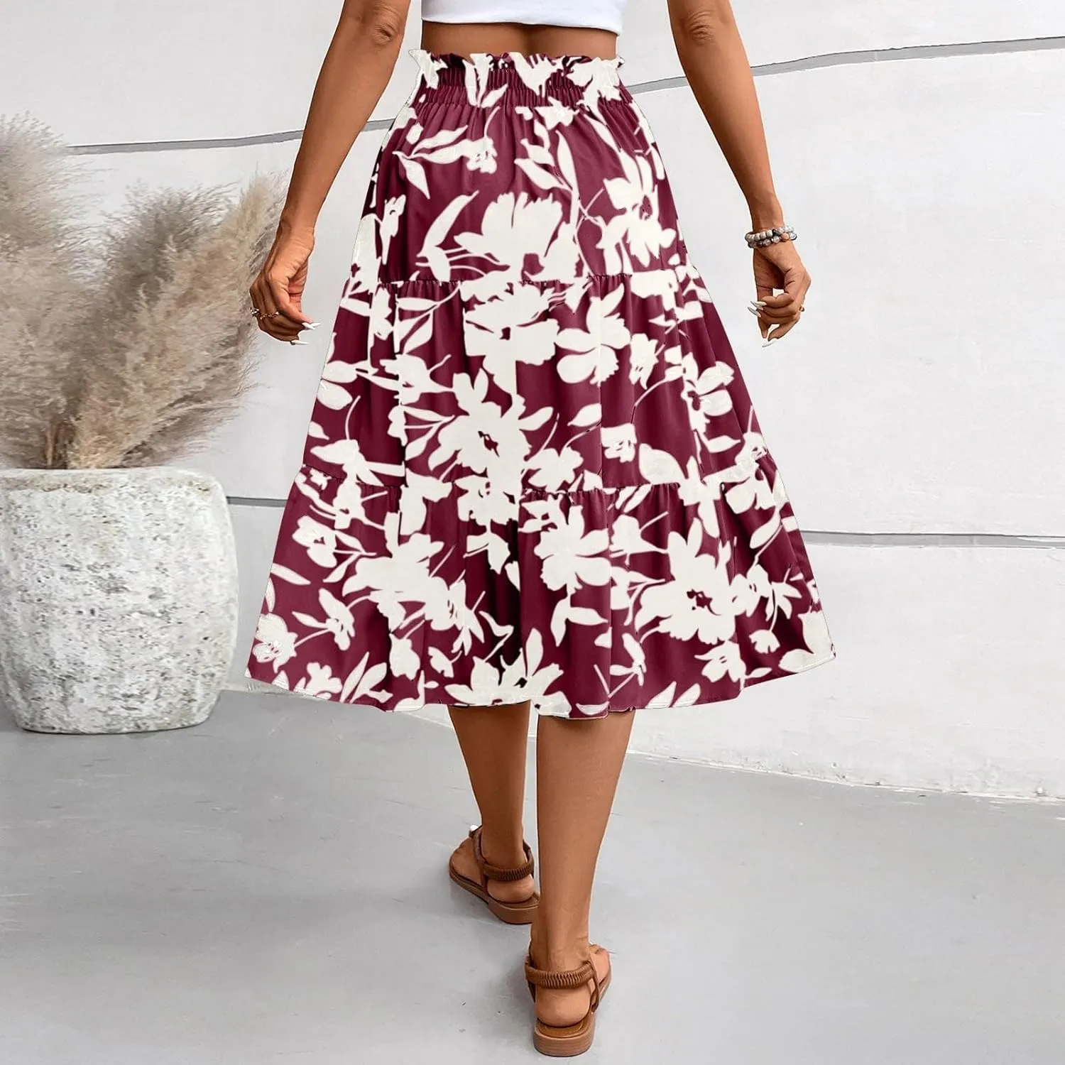 Floral Midi Skirts for Women Summer Flowy Tiered Skirt Drawstring Summer Knee Length A Line Skirts with Pockets