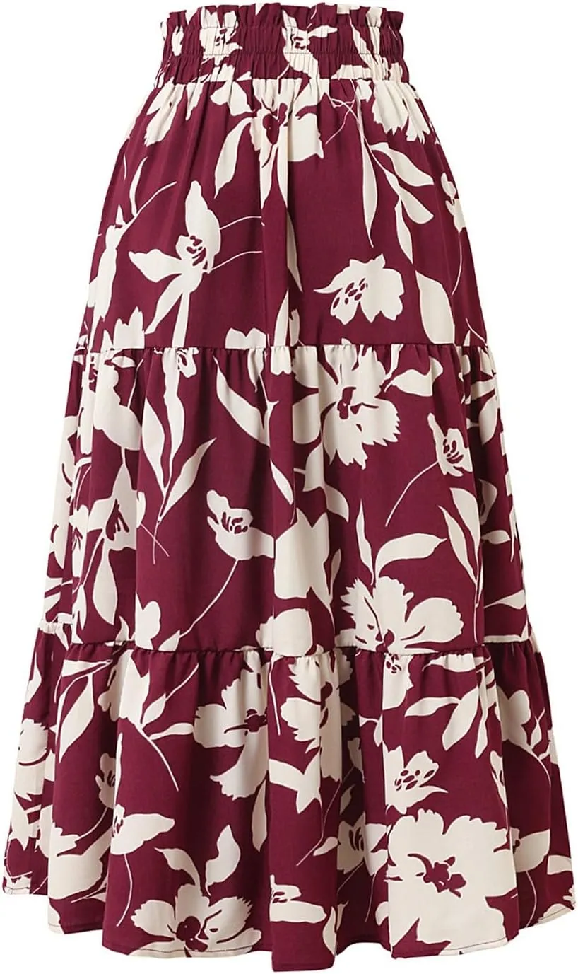 Floral Midi Skirts for Women Summer Flowy Tiered Skirt Drawstring Summer Knee Length A Line Skirts with Pockets