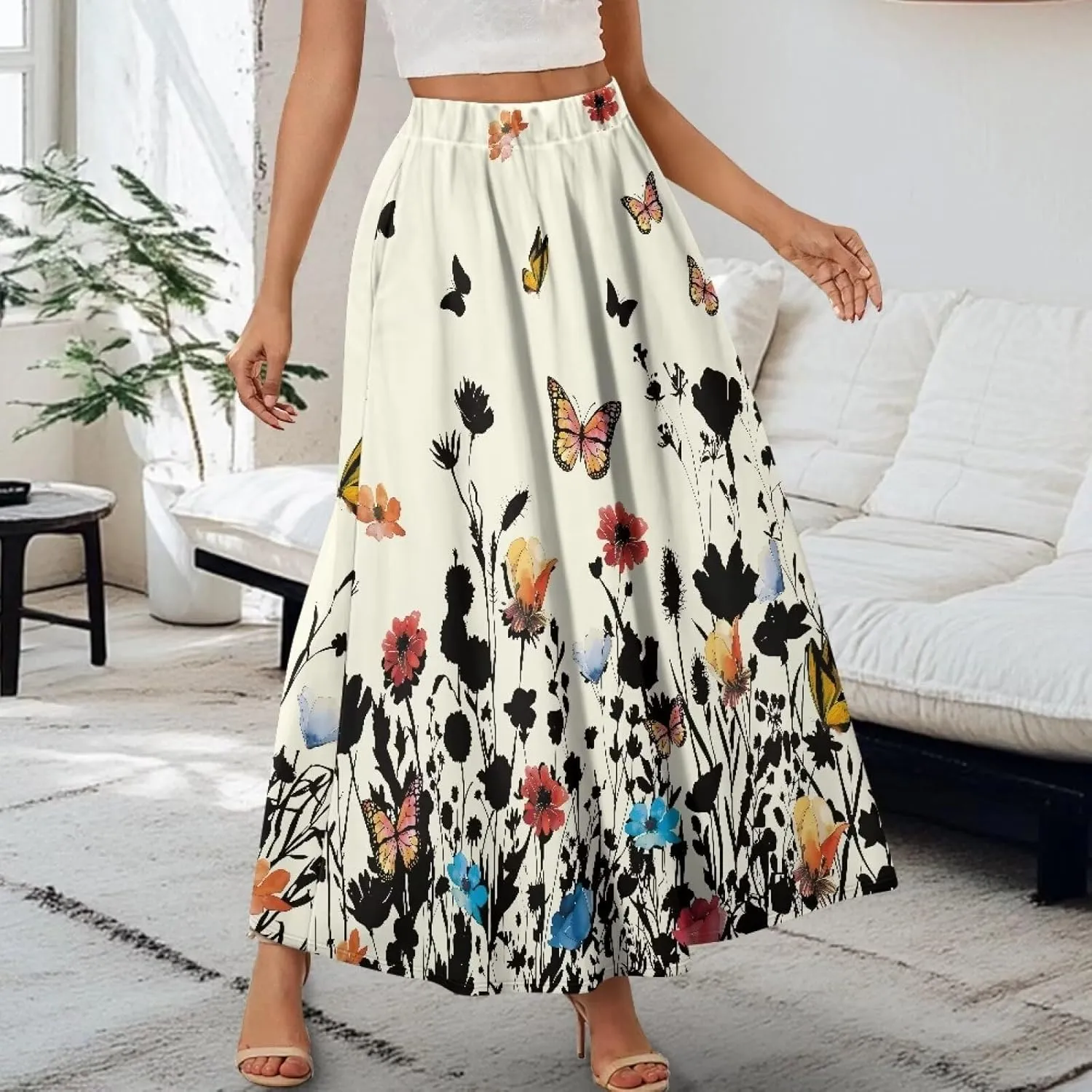 Flowy Maxi Skirts for Women Flared Long Casual Skirts with Pockets Swing Pleated Elastic High Waist A-Line Skirts