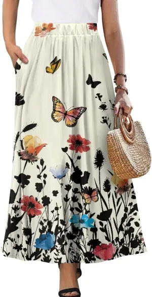 Flowy Maxi Skirts for Women Flared Long Casual Skirts with Pockets Swing Pleated Elastic High Waist A-Line Skirts