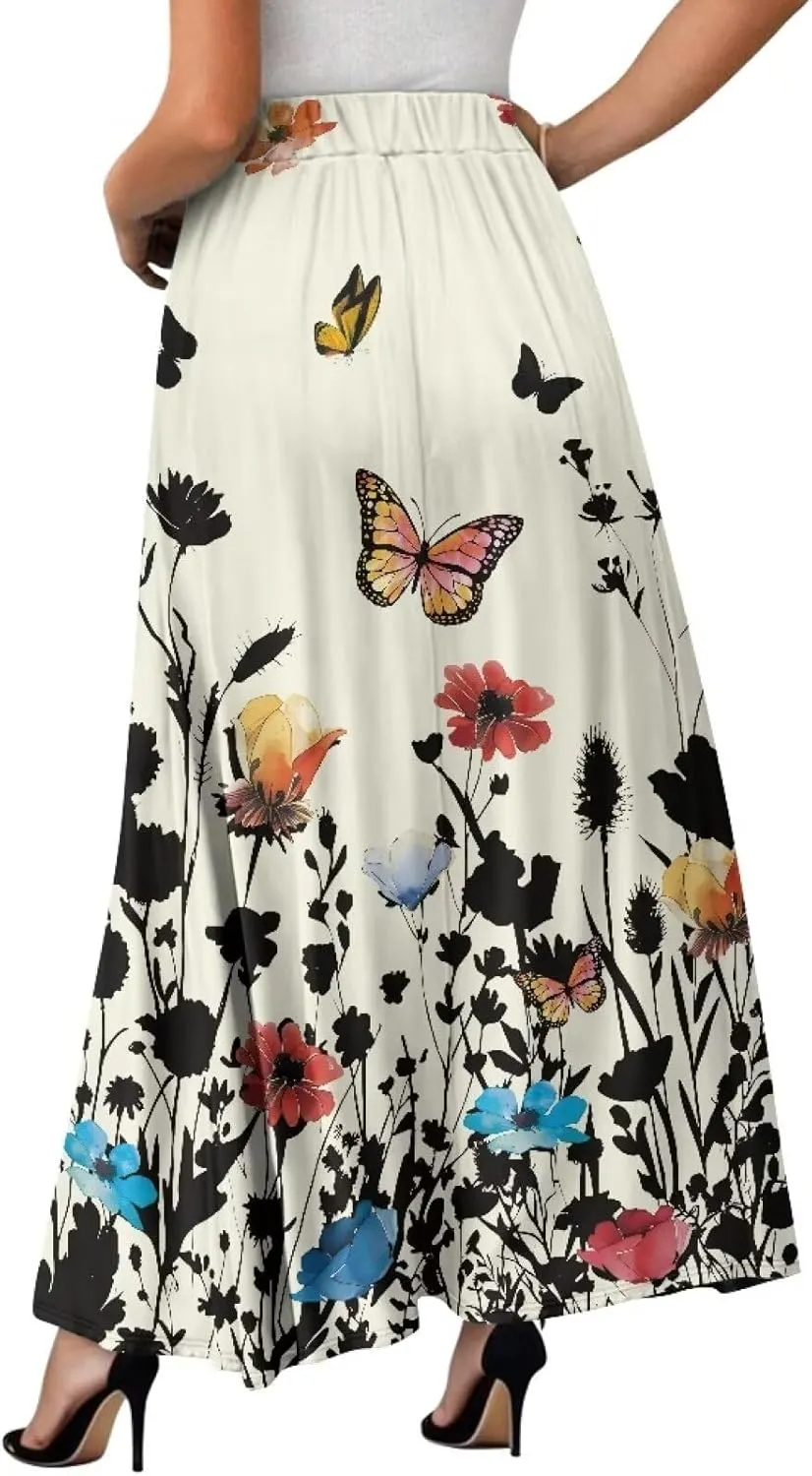 Flowy Maxi Skirts for Women Flared Long Casual Skirts with Pockets Swing Pleated Elastic High Waist A-Line Skirts