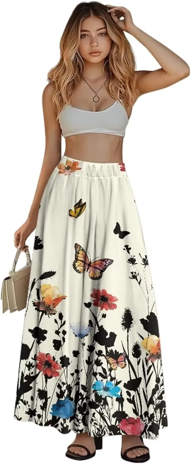 Flowy Maxi Skirts for Women Flared Long Casual Skirts with Pockets Swing Pleated Elastic High Waist A-Line Skirts