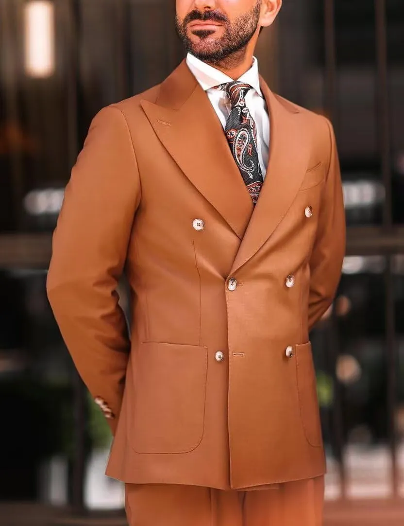 Formal Men's Suits 2 Pieces Double Breasted Peak Lapel Tuxedos Slim Fit Blazer Pants Solid Business Suits for Wedding Grooms
