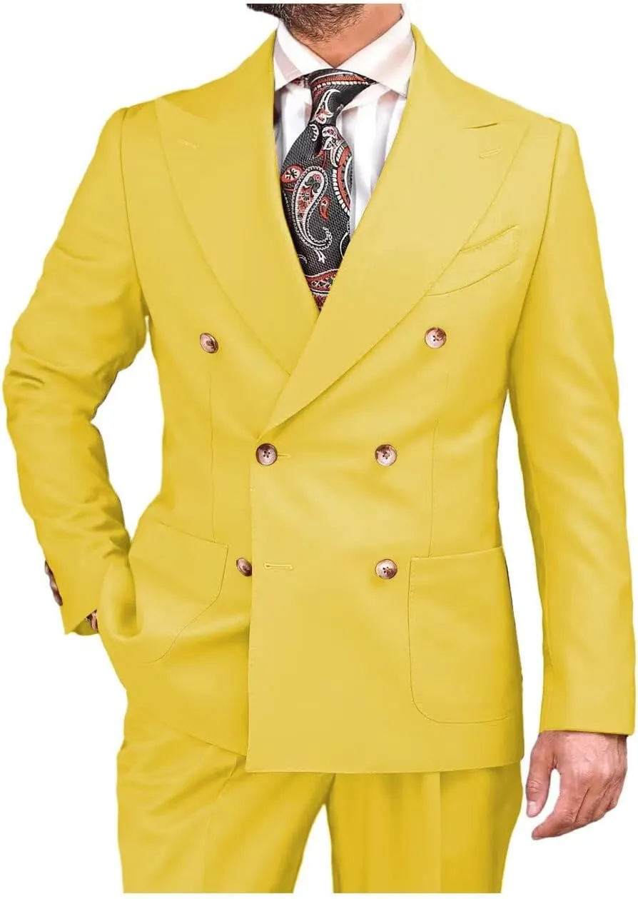 Formal Men's Suits 2 Pieces Double Breasted Peak Lapel Tuxedos Slim Fit Blazer Pants Solid Business Suits for Wedding Grooms