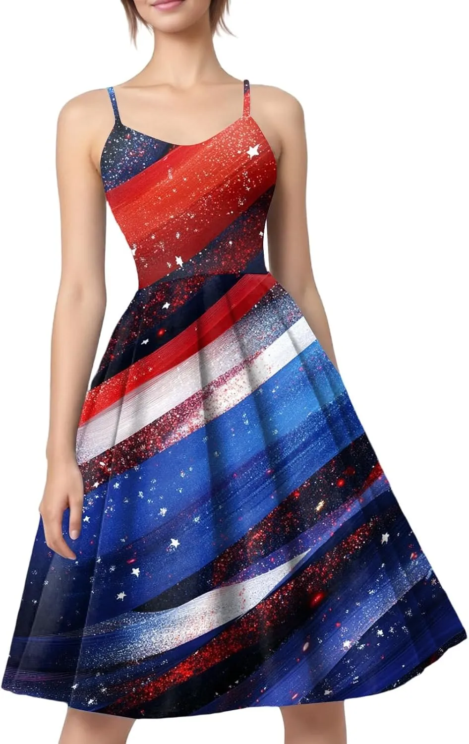 Fourth of July Dresses for Women Midi Red White and Blue Dress Sleeveless Patriotic Dresses Holiday Festival Dress