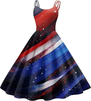 Fourth of July Dresses for Women Midi Red White and Blue Dress Sleeveless Patriotic Dresses Holiday Festival Dress