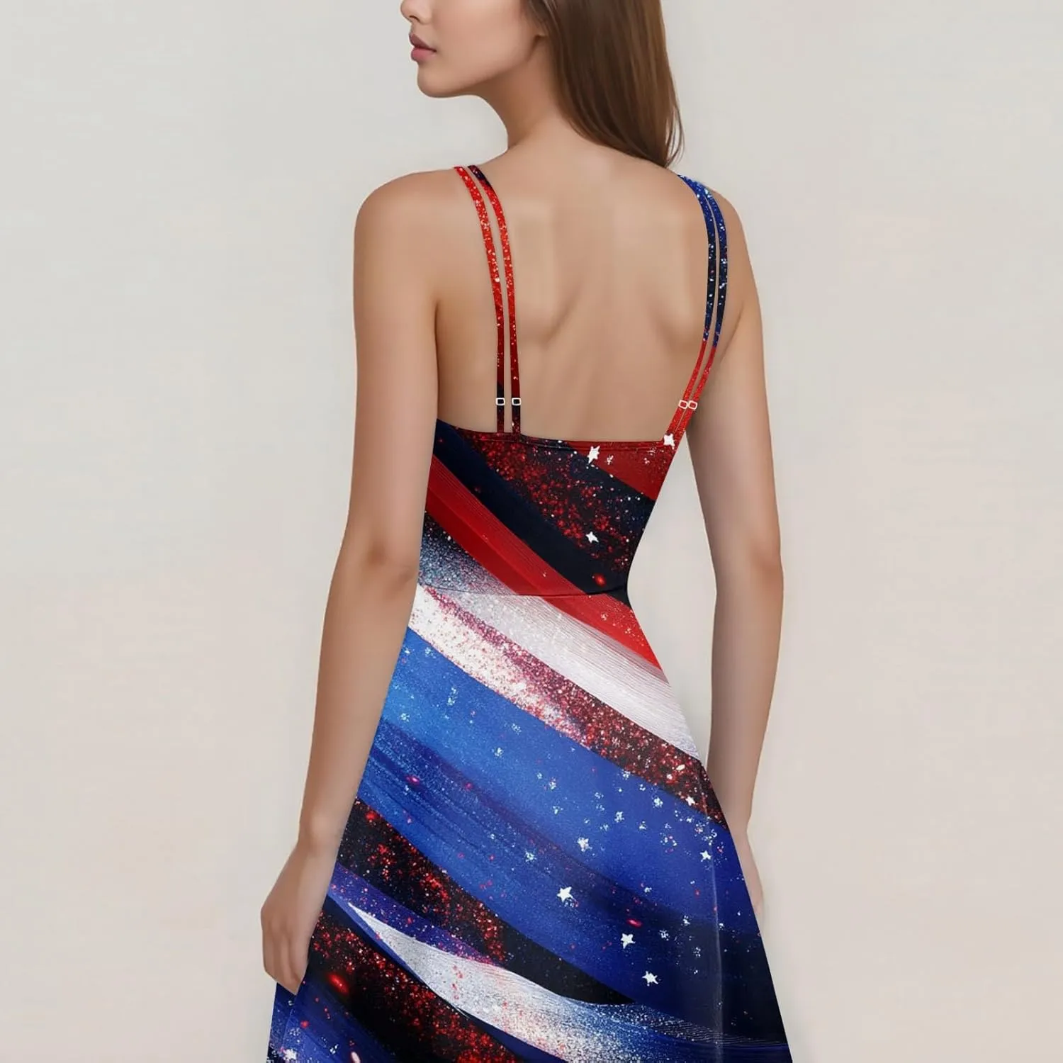 Fourth of July Dresses for Women Midi Red White and Blue Dress Sleeveless Patriotic Dresses Holiday Festival Dress