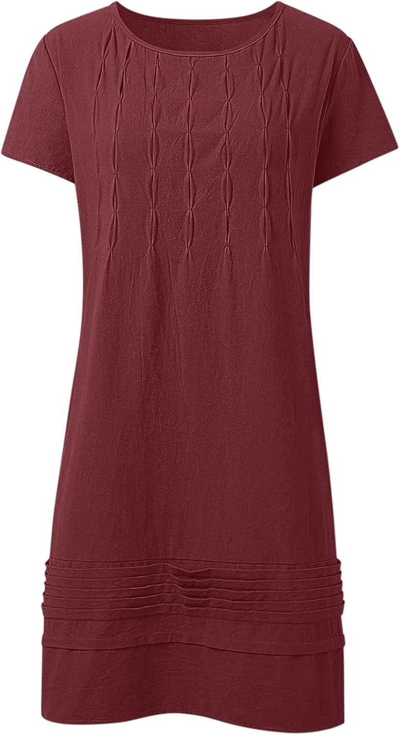 Frontaley Women's Cotton Linen Midi Dress Plus Size Cap Sleeve Pleated Summer Crew Neck Casual Vacation Dresses