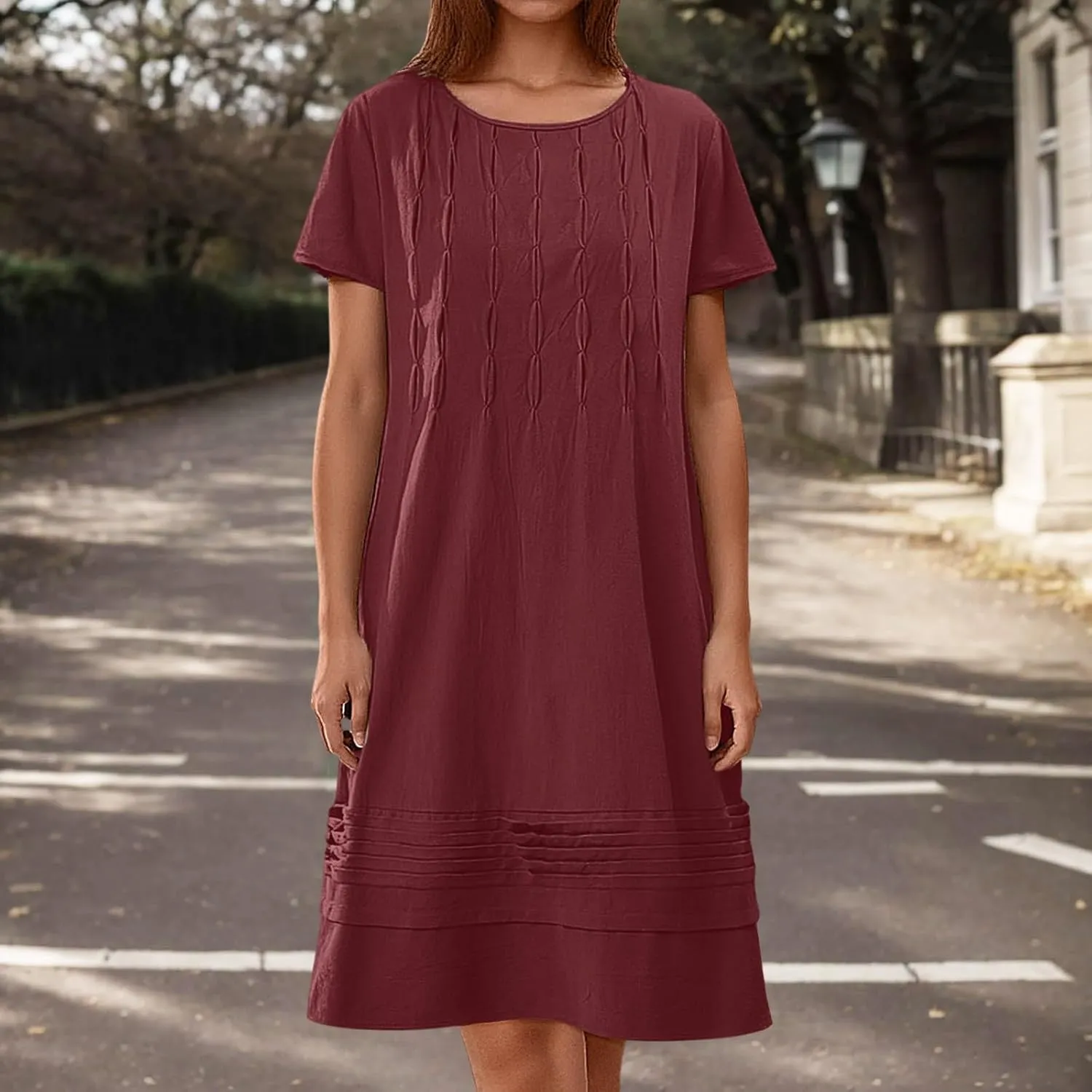 Frontaley Women's Cotton Linen Midi Dress Plus Size Cap Sleeve Pleated Summer Crew Neck Casual Vacation Dresses