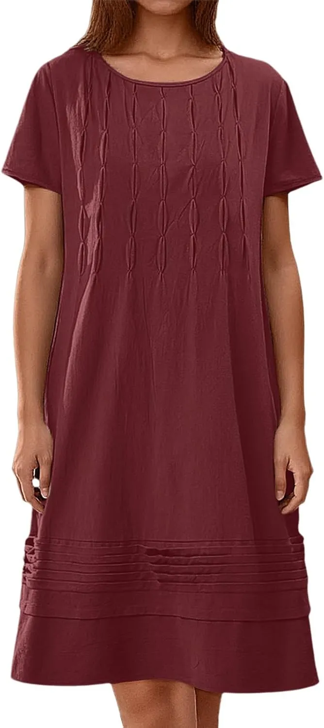 Frontaley Women's Cotton Linen Midi Dress Plus Size Cap Sleeve Pleated Summer Crew Neck Casual Vacation Dresses