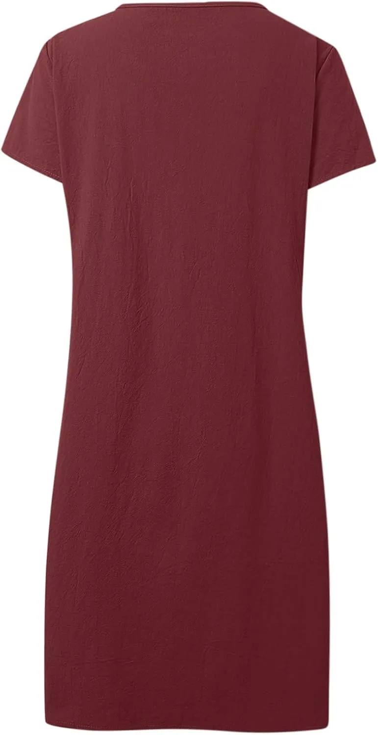 Frontaley Women's Cotton Linen Midi Dress Plus Size Cap Sleeve Pleated Summer Crew Neck Casual Vacation Dresses