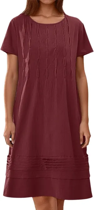 Frontaley Women's Cotton Linen Midi Dress Plus Size Cap Sleeve Pleated Summer Crew Neck Casual Vacation Dresses