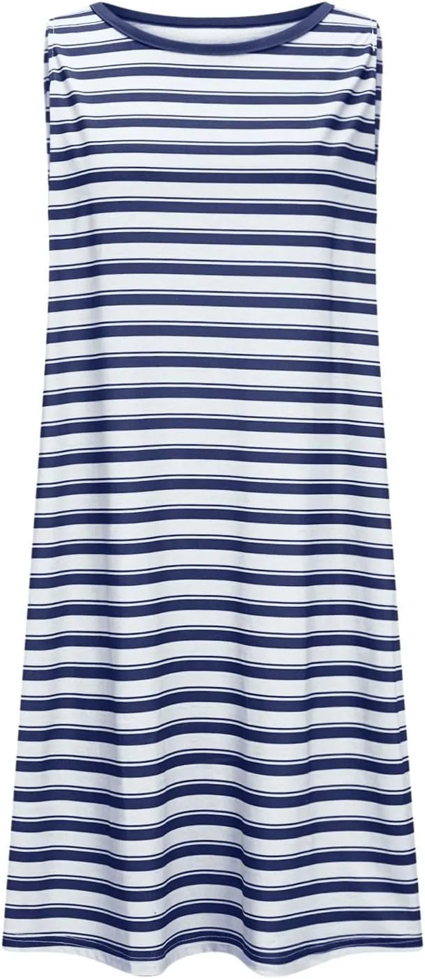 FZYLQY Women Summer Dress 2025 Striped Print Sleeveless Tank Dress Casual Loose Beach Sundress with Pockets for Ladies