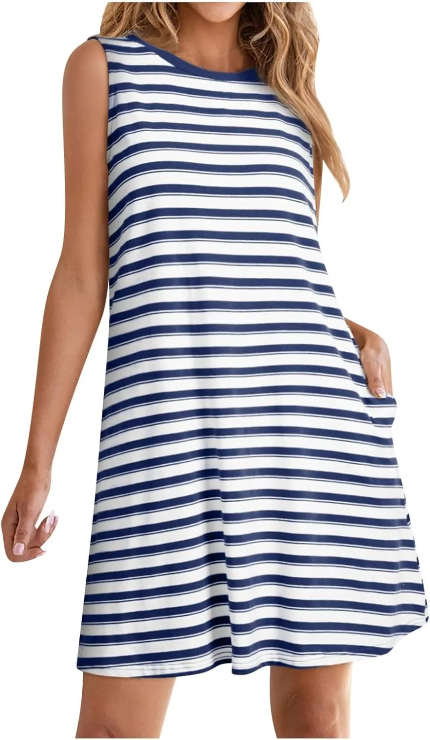 FZYLQY Women Summer Dress 2025 Striped Print Sleeveless Tank Dress Casual Loose Beach Sundress with Pockets for Ladies