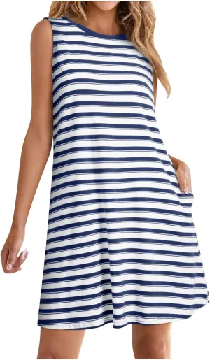 FZYLQY Women Summer Dress 2025 Striped Print Sleeveless Tank Dress Casual Loose Beach Sundress with Pockets for Ladies