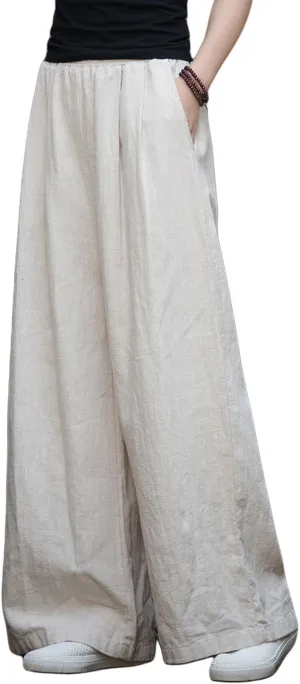GGUHHU Womens Casual Cotton Linen Wide Leg Long Pants Elastic High Waist Loose Plazzo Trousers