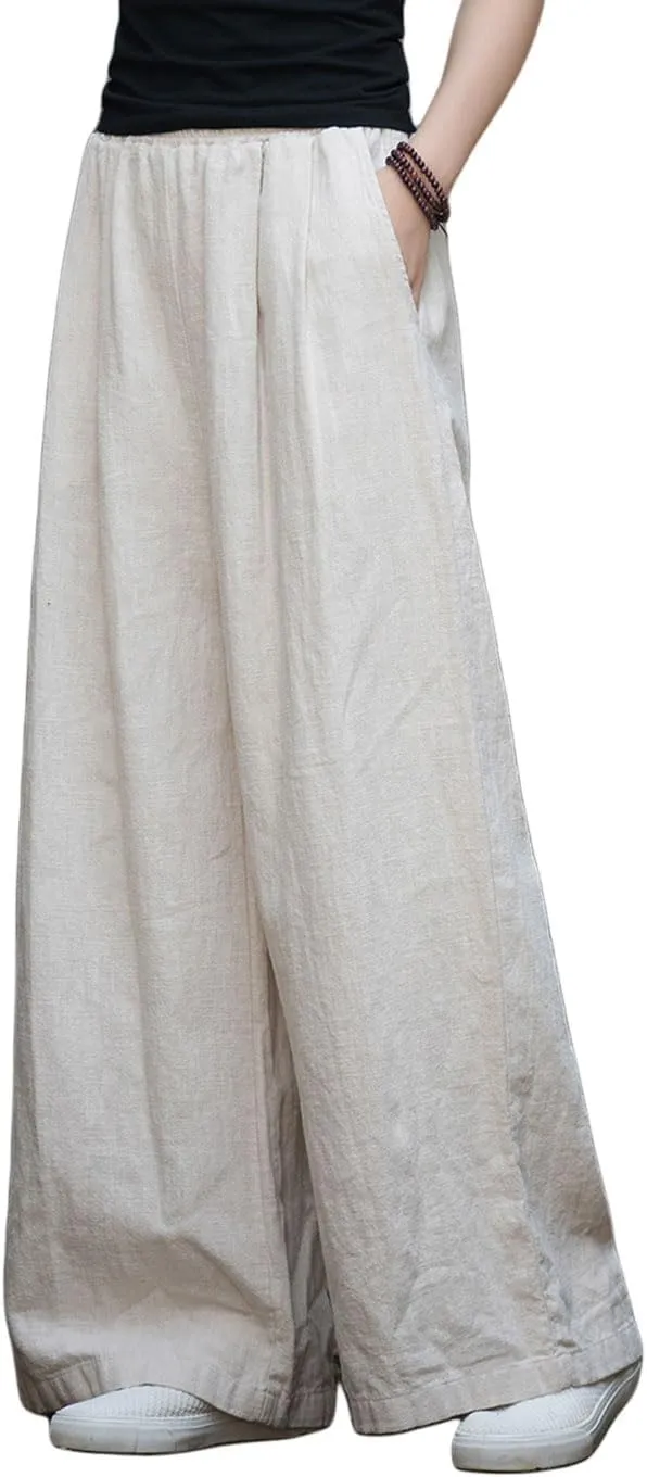 GGUHHU Womens Casual Cotton Linen Wide Leg Long Pants Elastic High Waist Loose Plazzo Trousers