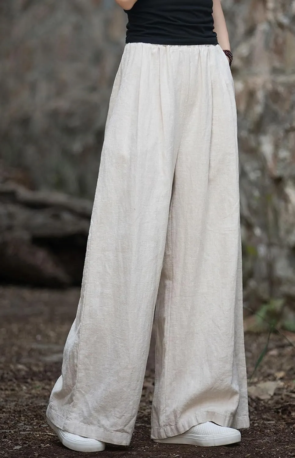 GGUHHU Womens Casual Cotton Linen Wide Leg Long Pants Elastic High Waist Loose Plazzo Trousers