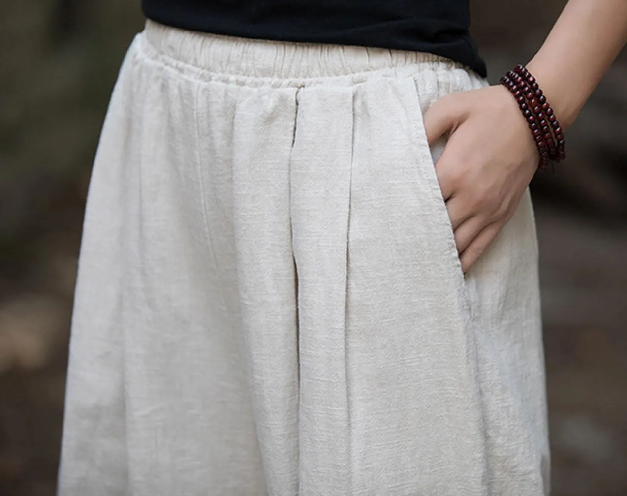 GGUHHU Womens Casual Cotton Linen Wide Leg Long Pants Elastic High Waist Loose Plazzo Trousers