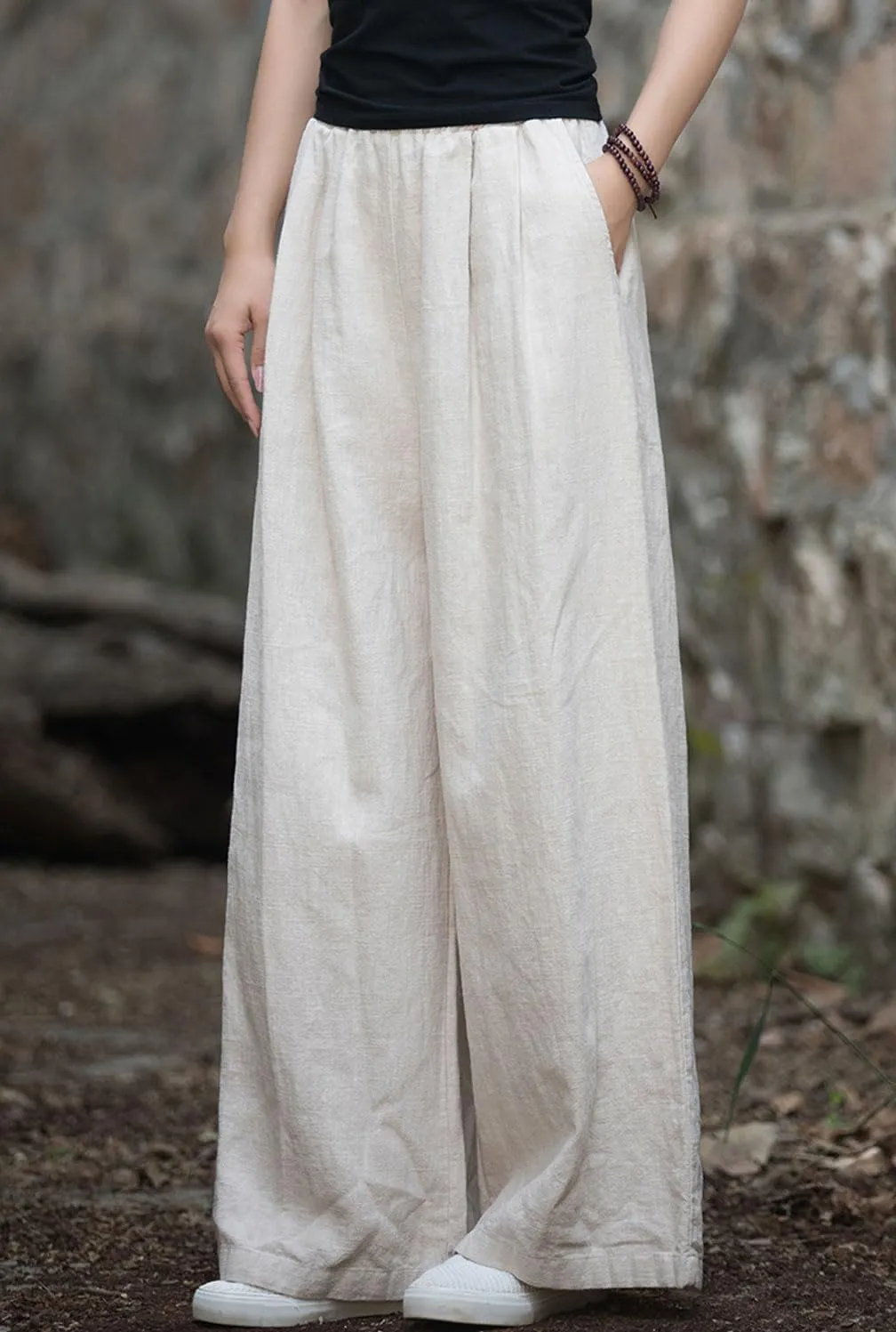 GGUHHU Womens Casual Cotton Linen Wide Leg Long Pants Elastic High Waist Loose Plazzo Trousers