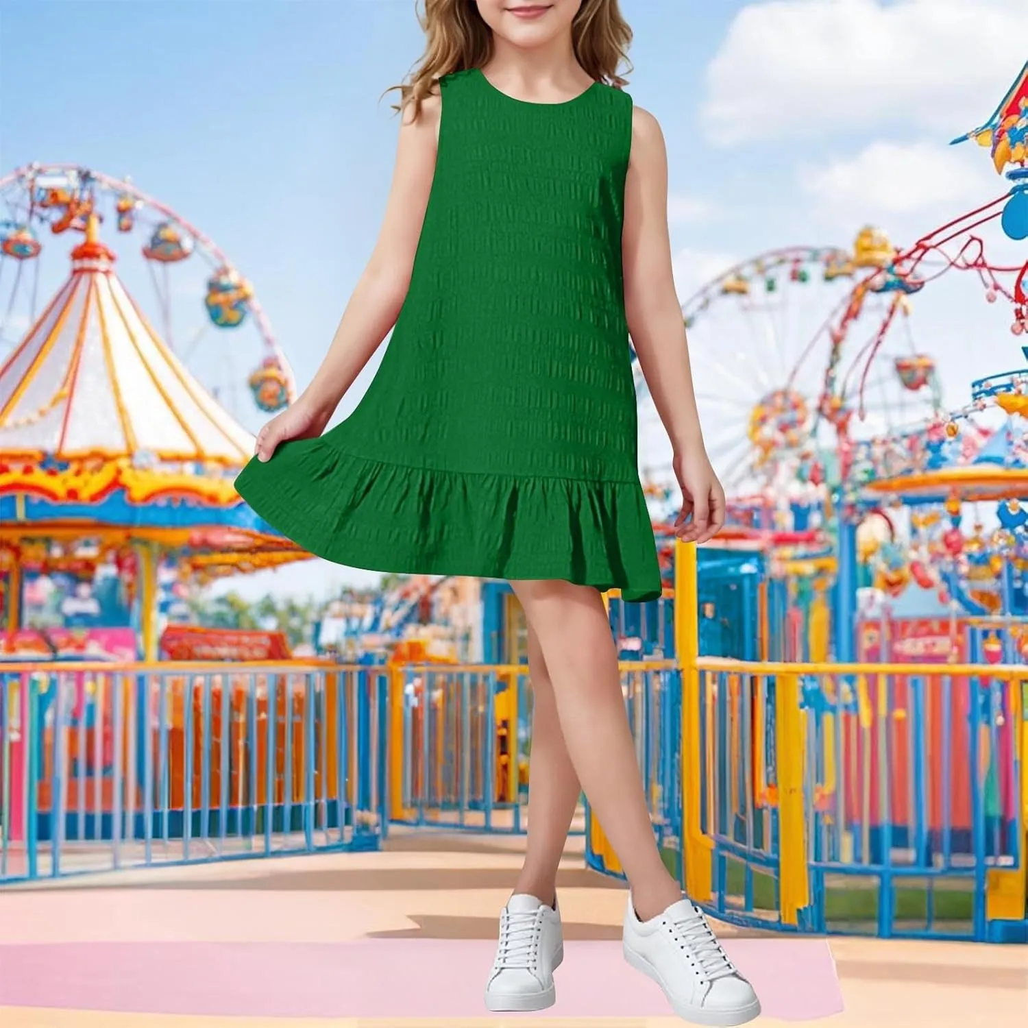 Girl Dresses Ruffle Hem Sleeveless Tank Dress Casual Crewneck Dresses Summer Beach Sundress Vacation Boho Mini Dress