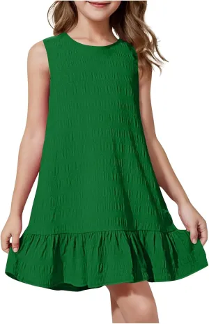Girl Dresses Ruffle Hem Sleeveless Tank Dress Casual Crewneck Dresses Summer Beach Sundress Vacation Boho Mini Dress