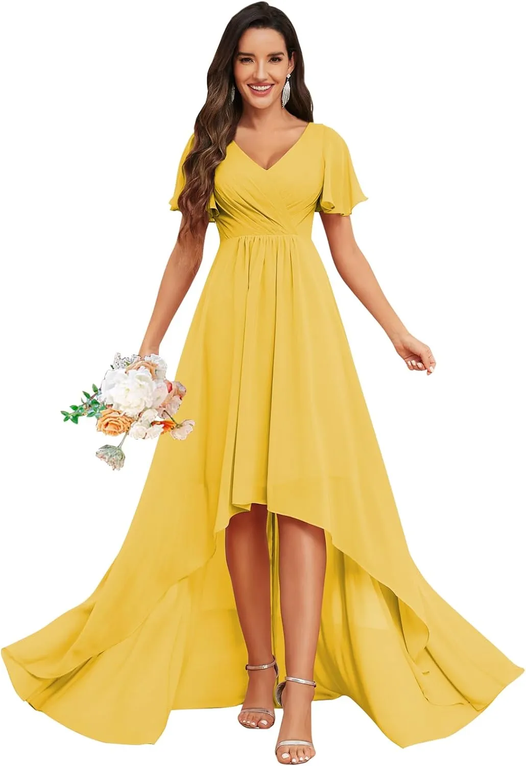 GOEBAODEEN Chiffon Short Sleeve Bridesmaid Dress for Wedding A Line V Neck High Low Mother of The Groom Dresses