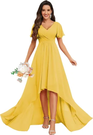 GOEBAODEEN Chiffon Short Sleeve Bridesmaid Dress for Wedding A Line V Neck High Low Mother of The Groom Dresses