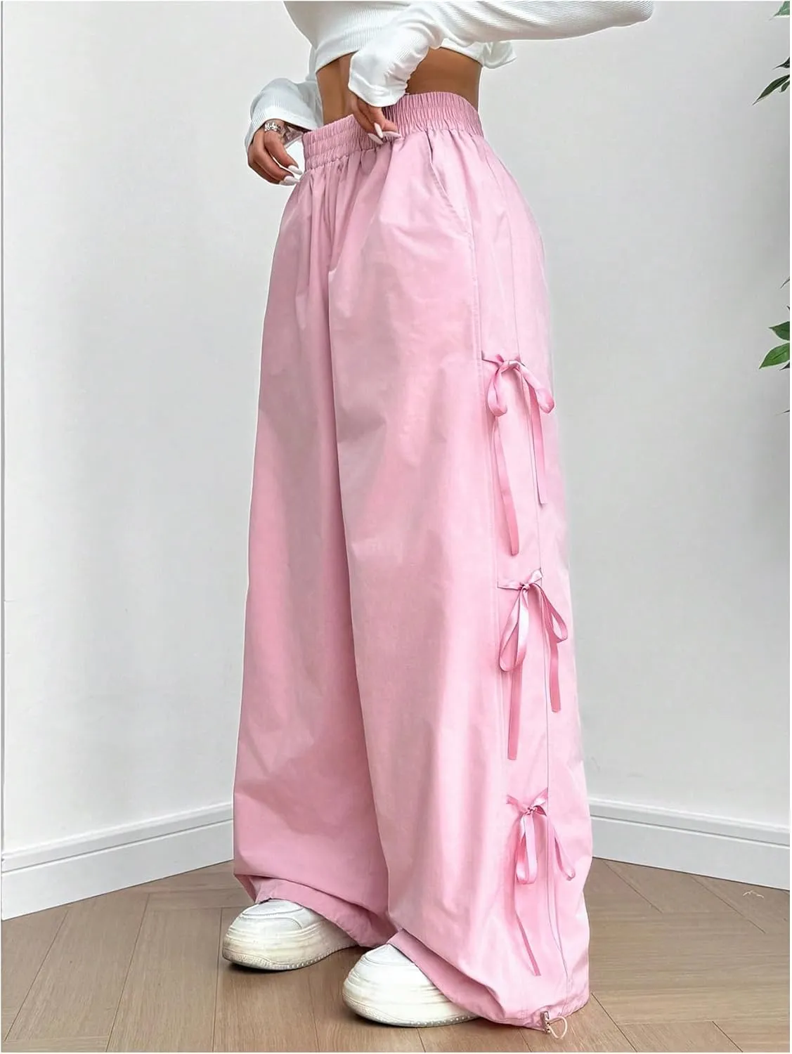 GORGLITTER Women's Y2K Bow Side Elastic Waist Wide Leg Parachute Pants Side Slit Loose Trousers