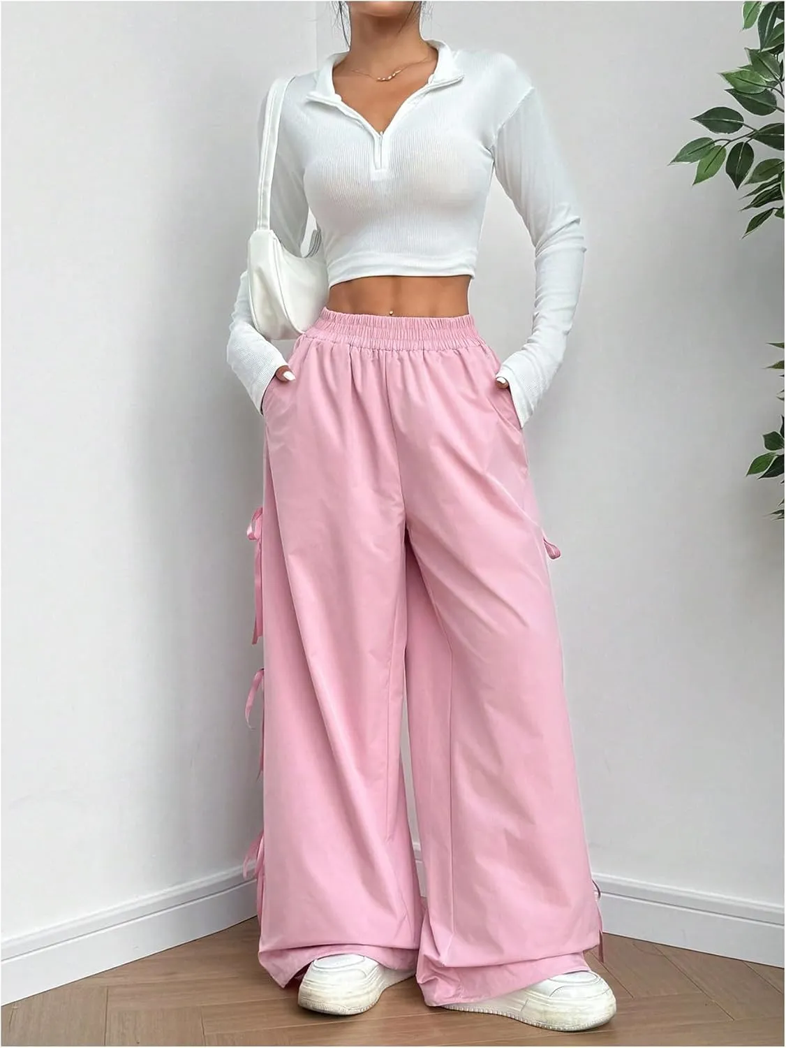 GORGLITTER Women's Y2K Bow Side Elastic Waist Wide Leg Parachute Pants Side Slit Loose Trousers