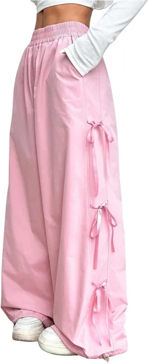 GORGLITTER Women's Y2K Bow Side Elastic Waist Wide Leg Parachute Pants Side Slit Loose Trousers