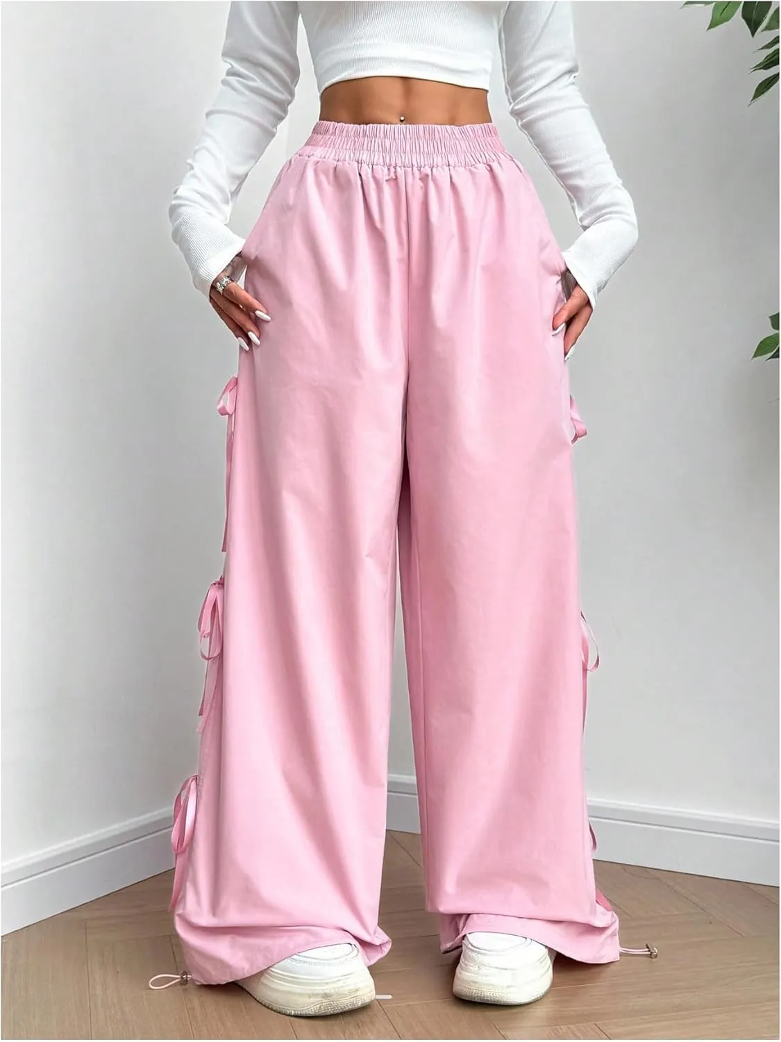 GORGLITTER Women's Y2K Bow Side Elastic Waist Wide Leg Parachute Pants Side Slit Loose Trousers