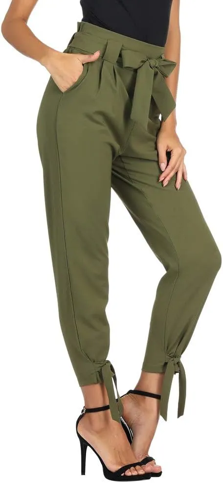 GRACE KARIN Women's Casual Pants Solid High Waist Self Tie Belted Pencil Trouser