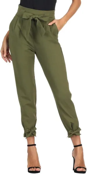 GRACE KARIN Women's Casual Pants Solid High Waist Self Tie Belted Pencil Trouser