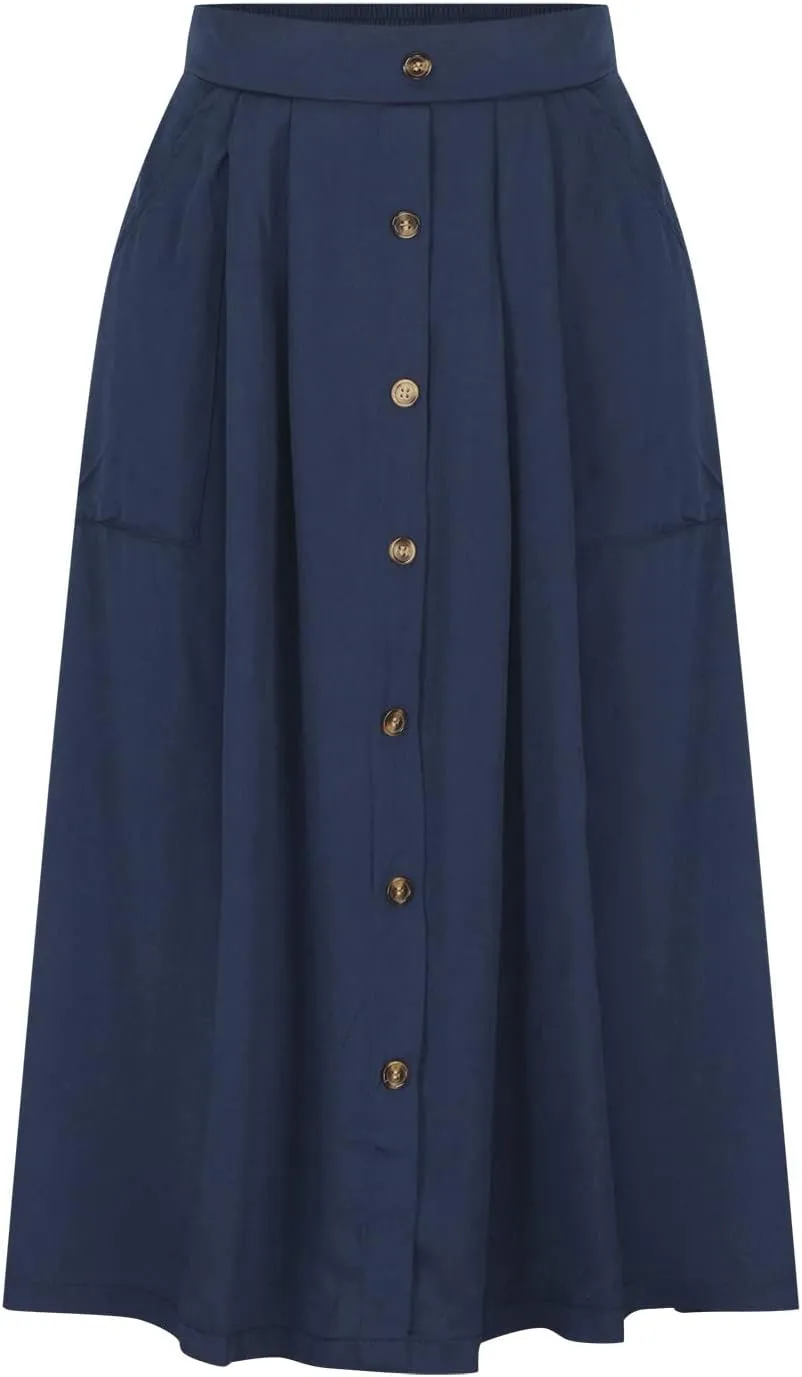 HGps8w Women's Button Front Midi Flare Skirt Casual Elastic High Waist Summer Solid A-Line Swing Skirts with Pockets