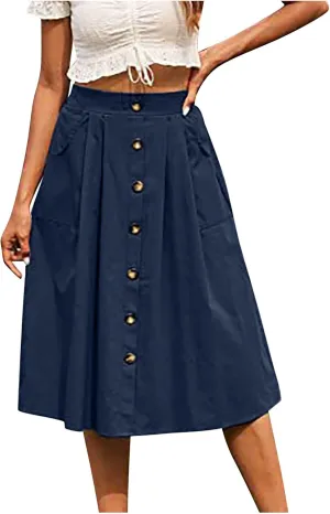 HGps8w Women's Button Front Midi Flare Skirt Casual Elastic High Waist Summer Solid A-Line Swing Skirts with Pockets