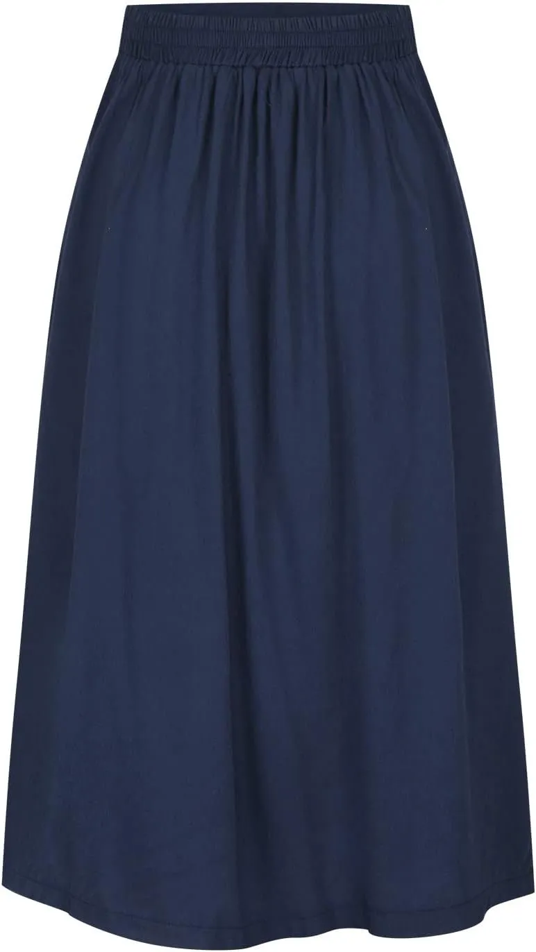 HGps8w Women's Button Front Midi Flare Skirt Casual Elastic High Waist Summer Solid A-Line Swing Skirts with Pockets