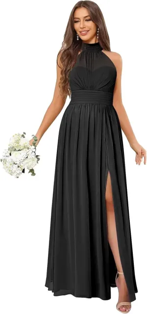 High Neck Chiffon Bridesmaid Dresses 2025 Ruffle Pleated A Line Formal Evening Dress with Slit